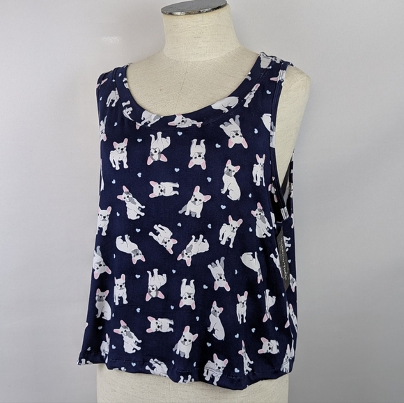 Pillow Talk Frenchies Hearts Print PJ Set Tank Top Crop Pants Navy White L NWT - Picture 3 of 11